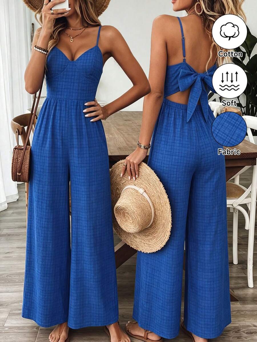 SHEIN Holidaya Bộ jumpsuit không tay cổ chữ V màu xanh dương dành cho nữ, thích hợp cho kỳ nghỉ xuân/hè. - Màu xanh lam - Xem 1
