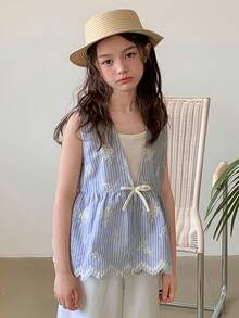 Dazy Kids Áo không tay thêu sọc dáng thường ngày mùa hè cho bé gái tuổi teen - Màu xanh lam - Xem 1