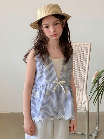 Dazy Kids 少女夏季休闲条纹刺绣无袖衬衫