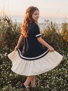 DAZY Tween Girls Round Neck Color Block Mid-Length Short Sleeve Dress Sun Dresses For Girl Summer - Apricot - View 8