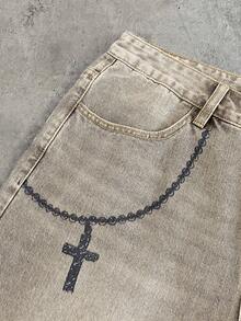 AXEPEAK Men's Summer Street-Style Washed Portrait Pattern Slant Pocket Denim Shorts - Khaki - View 4