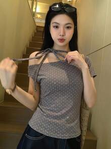 DAZY Women's Polka Dot Tie Shoulder Short Sleeve T-Shirt, Korean Style, Spring/Summer - Grey - View 3