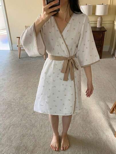 DAZY Bow Decor Contrast Trim Loose Long Robe, Women Summer Sleepwear