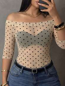 Dazy Plus Plus Size Polka Dot Flocked Mesh Off-Shoulder Sheer T-Shirt - Beige - View 2