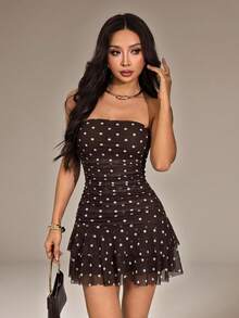 SHEIN PETITE Solid Brown Ruched Fitted Ruffled Hem Mini Dress, Cute Summer Dress, Brunch Dress, Yellow Dress - Brown - View 7
