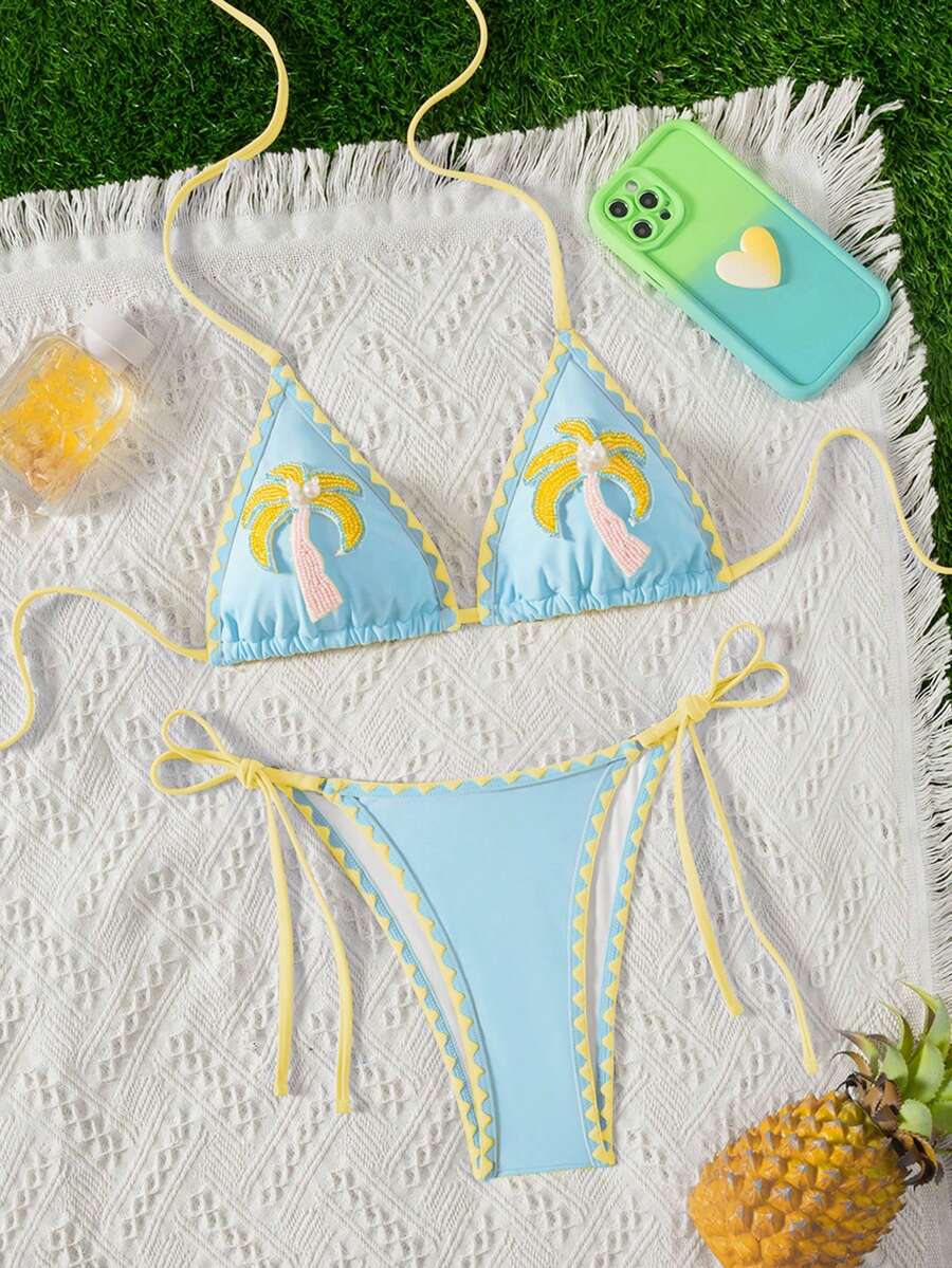 Swim Mod 女士比基尼泳装,珍珠椰树装饰,海滩度假泳装,春夏款 - 藍色 - 查看 1