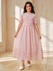 Anewsta Đầm dài cho bé gái mùa xuân/hè kiểu vintage thanh lịch, cổ tròn, tay ngắn, thêu họa tiết, khoét eo, vạt xòe. - Màu Hồng baby - Xem 5