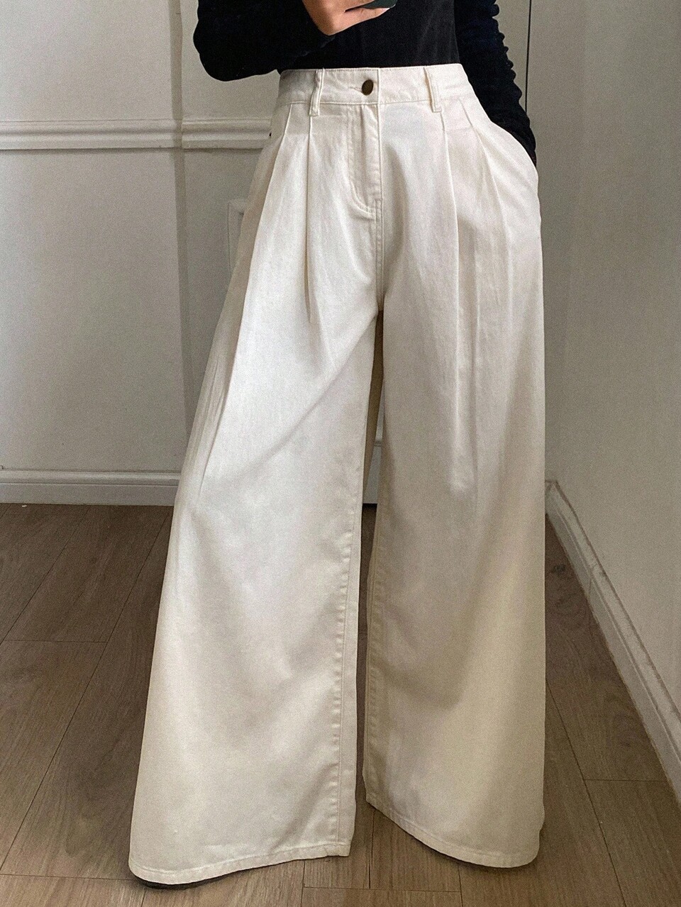 Women's Casual Commuting Minimalist Versatile Solid Color Pleated Loose Wide-Leg Jeans Petite