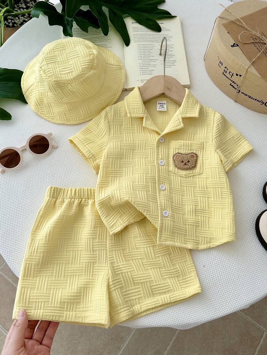 SHEIN LMoss Kids 3件套男婴纯色小熊图案休闲衬衫、短裤和帽子套装 - 黃色 - 查看 1