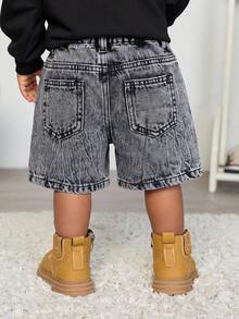 Toddler Boys' Cross Embroidered Blue Denim Shorts - Grey - View 2