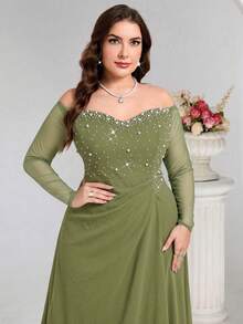 Coutiva Plus Size Beaded Off-Shoulder Formal Evening Gown - Olive Green - View 8