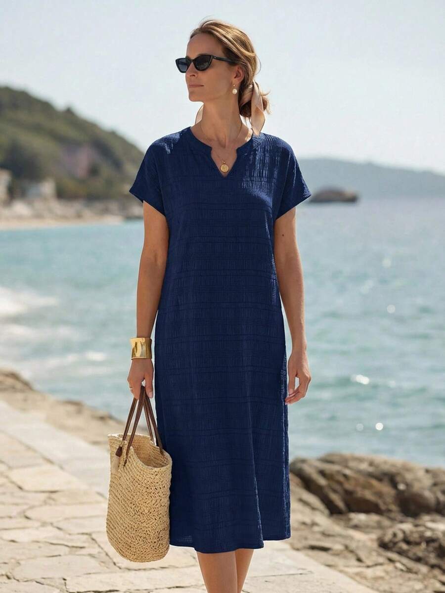 Faunlyn Vestido casual de longitud media de cuello en V a rayas de manga corta y recto para mujer - Azul - Ver 1