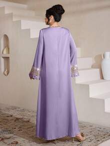Al Najma Đầm thanh lịch dáng rộng cổ chữ V đính họa tiết thời trang - Màu tím - Xem 2