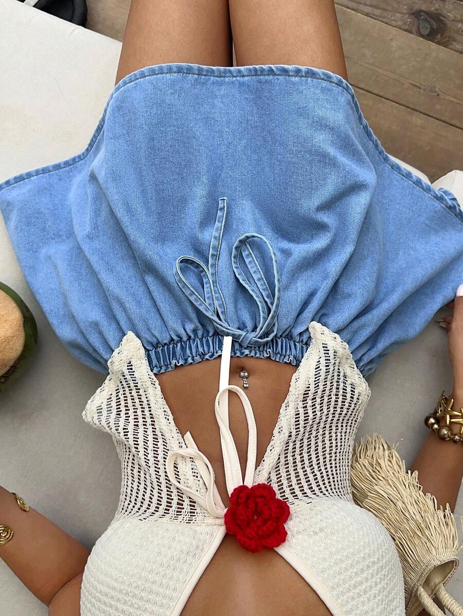 Sunnyshic Chân váy denim xòe cạp chun co giãn dành cho nữ, thích hợp mặc hàng ngày vào mùa hè. - Rửa nhẹ - Xem 1