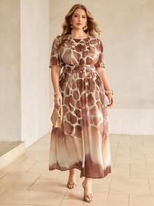 Roveilla Robe maxi ample à manches lanternes avec nœud papillon, imprimé floral, col rond, taille croisée, doublure, pour femmes grandes tailles, style romantique français, élégant, décontracté, pour le travail, les vacances, le thé de l'après-midi - Tabac - Voir 3