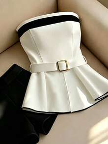 Franclia Women's Contrast Color Fashion Bandeau Top And Shorts 2 Pieces Set - Black and White - View 3