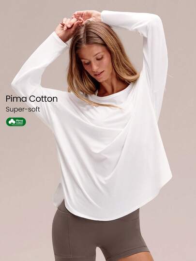 GLOWMODE Pima Cotton Oversized Long Sleeve Curved Slit Hem Round Neck Tee Daily Casual