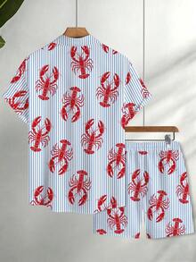 NEOREFINED Bộ đồ nam 2 mảnh gồm áo sơ mi ngắn tay và quần short in hình tôm hùm đỏ kẻ sọc xanh trắng, trang phục thường ngày thoải mái cho kỳ nghỉ hè. - Nhiều màu - Xem 2