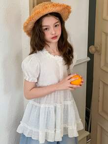 Dazy Kids Áo sơ mi đơn giản, dễ thương, phối ren, dành cho bé gái tuổi teen. - trắng - Xem 7