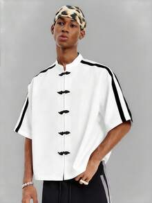 PAVTROS Camisa de manga corta con cuello Mao, cinta de contraste y botones a presión, estilo chino para hombres - Blanco - Ver 7