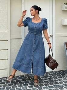 Dazy Plus Plus Size Dark Wash Blue Square Neck Petal Sleeve Fitted Maxi Denim Dress, Spring/Summer Sun Dresses For Women - Light Wash - View 5