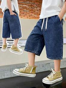 Shorts en jean décontractés pour adolescents garçons, nouveau design minimaliste d'été avec cordon de serrage à la taille, coupe ample, convient pour les vacances, les festivals de musique, l'école, les trajets, les fêtes et autres occasions - Bleu azur - Voir 8