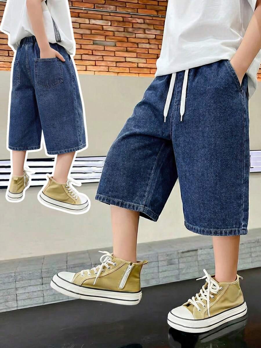 Quần short denim thường ngày cho nam thiếu niên, thiết kế tối giản mới mùa hè với dây rút ở eo, dáng rộng thoải mái, phù hợp cho kỳ nghỉ, lễ hội âm nhạc, trường học, đi làm, tiệc tùng và các dịp khác. - Màu xanh lam - Xem 1
