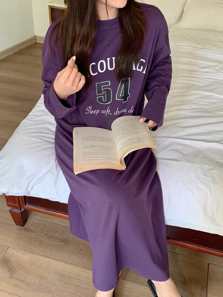 Dazy Plus Plus Size Women Letter Print Loose Long Sleeve Straight T-Shirt Style Long Nightgown, Spring & Autumn