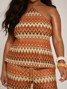 MUSERA Plus Size Striped Crochet Knit Halterneck Top Only Spring Summer Vacation Beach Elegant Boho Swim Ibiza Tropic Heat Orange - Multicolor - View 2