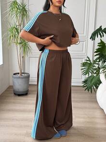 SHEIN EZwear 大码女式撞色圆领上衣和裤子休闲两件套 - 棕色 - 查看 5