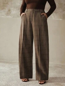 Anewsta Plus Size Women's Plaid Wide-Leg Suit Pants, Brown, Lightweight Luxury Niche Design, British Style, Suitable For Commuting, Daily Wear And Outings - Brown - View 2