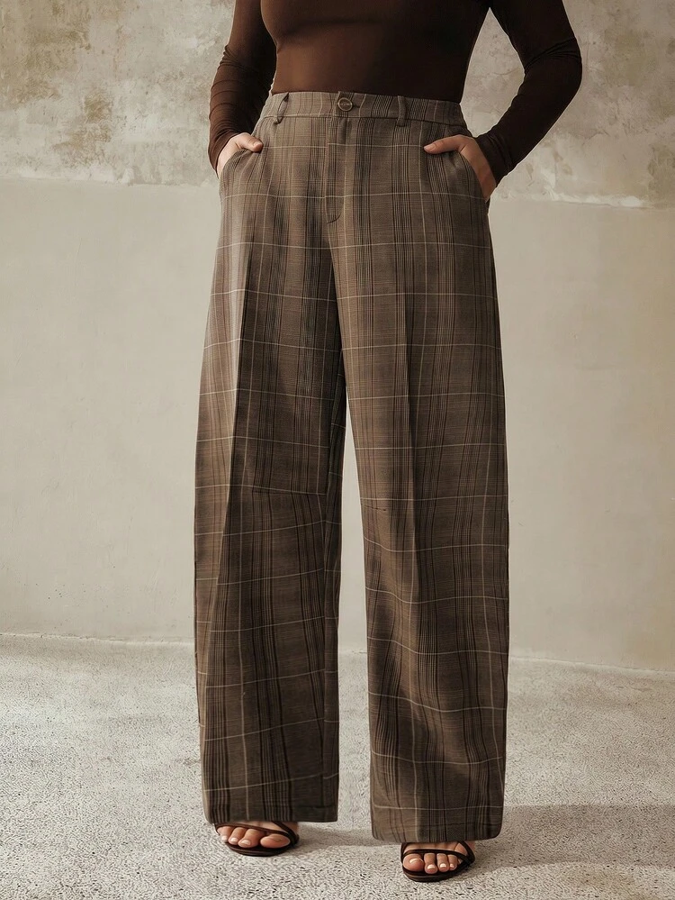 Plus Size Women's Plaid Wide-Leg Suit Pants, Brown, Lightweight Luxury Niche Design, British Style, Suitable For Commuting, Daily Wear And Outings