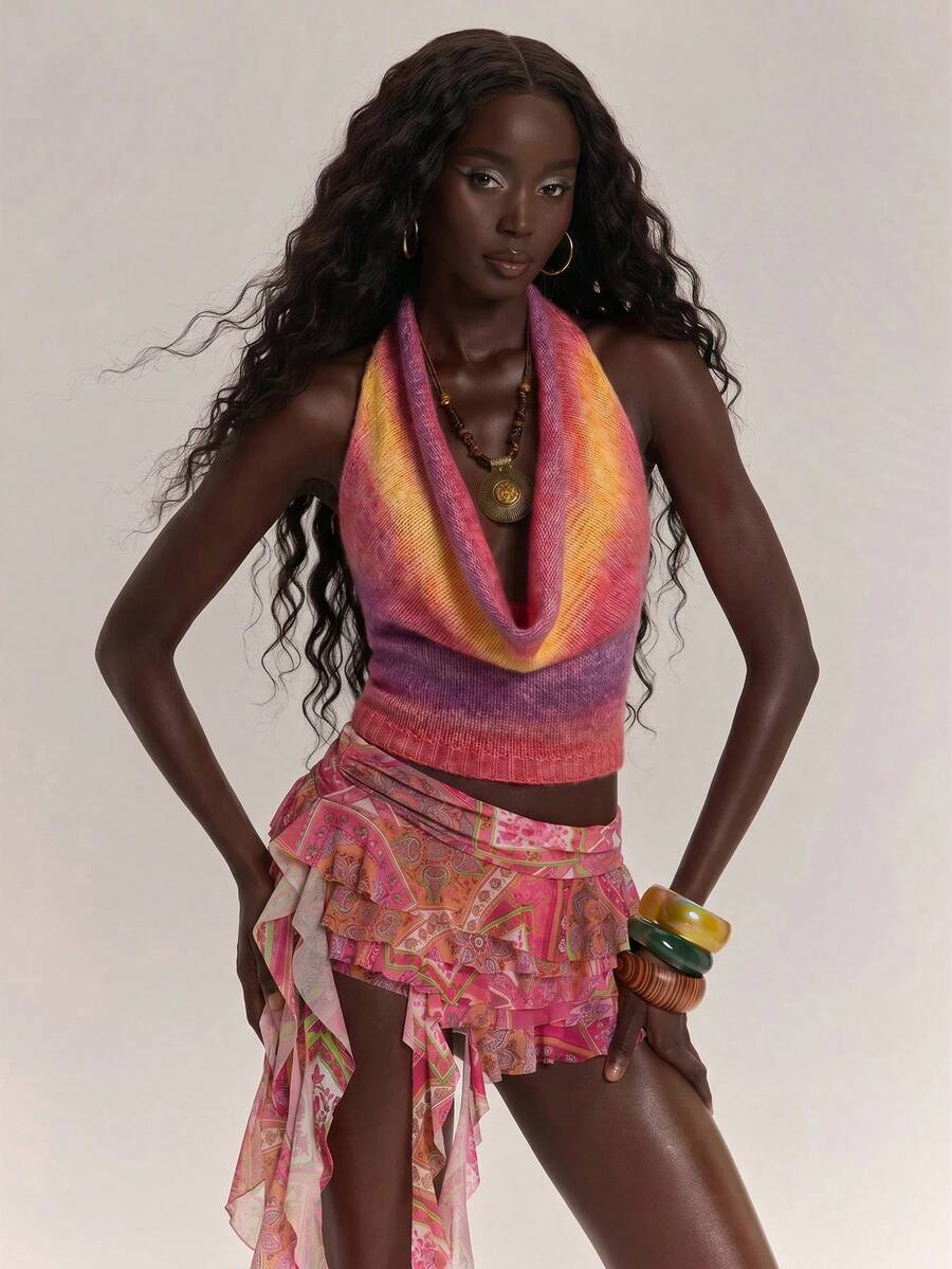 SHEIN BAE Casual Vacation Halter Backless Knit Blouse For Women, - Multicolor - View 1