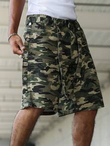 Manfinity EMRG Men's Casual Patchwork Waist Belt Camo Denim Shorts Vacation Army Green Summer - Multicolor - View 6