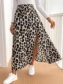 SHEIN PETITE CURVE 大码豹纹开衩下摆休闲半身裙 - 彩色 - 查看 5