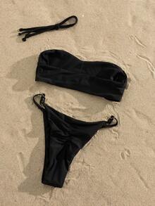 Swim Vcay 女士优雅橄榄绿金属铆钉抹胸比基尼套装，配有可拆卸肩带；2026 时尚高衩性感两件式泳衣，饰有手工缝制装饰纽扣；休闲简约时尚沙滩装，适合夏季度假和泳池派对 - 黑色 - 查看 5
