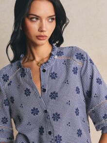 Poéselle Women's Casual/Work Plaid Floral Embroidered Shirt,  Women's Plaid Blouse  ,Blue Top , Casual Blouses For Women,Vacation Outfits ,Summer Tops - Blue - View 5