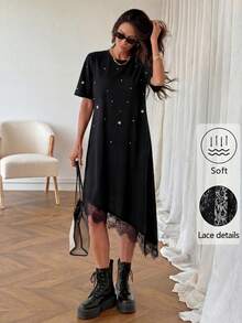 Lacomfia Women's Black Summer Elegant Tea Party Dress,Boat Neck Bubble Bead & Lace Trim Knit Mid-Length Casual Dress,Pearl Pin New Arrival Goth Style Dress - Black - View 9
