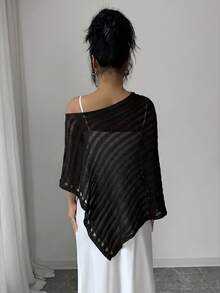 Elenzga Shawl Collar Asymmetric Shoulder Loose Striped Hollow Textured Fashionable Sexy Women Sweater - Black - View 2