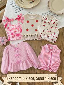 SHEIN LMoss Kids 女童条纹泡泡袖宽松休闲衬衫 - 粉色 - 查看 2