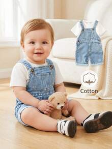 SHEIN Playful Pals 2026新款男婴轻薄水洗牛仔背带裤，休闲时尚风格，大口袋设计，柔软舒适的棉质牛仔面料，时尚男童必备单品，适合日常穿着、拍照、外出、派对、音乐节、度假等各种场合。 - 淺色水洗藍 - 查看 7