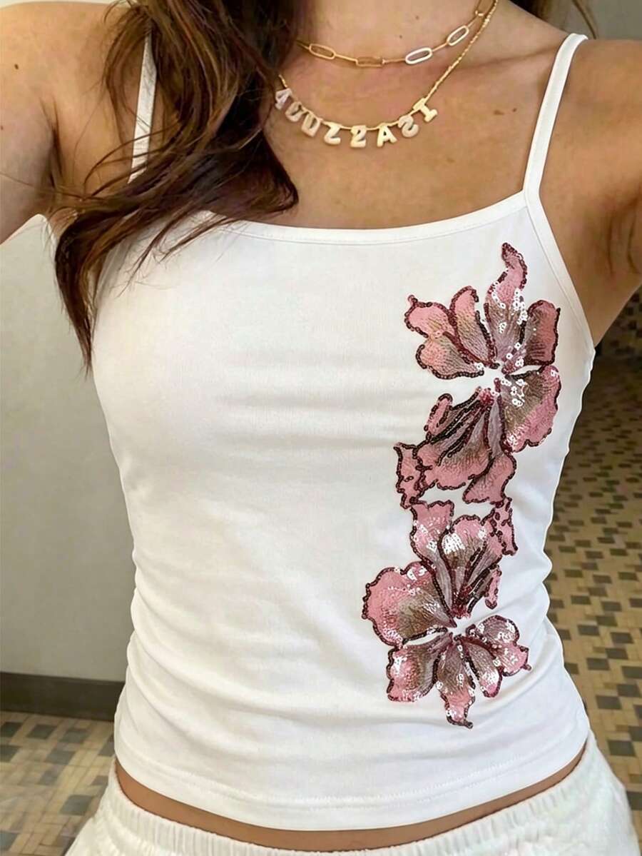 Áo hai dây lửng ôm sát, đa năng, in hoa đính sequin, thích hợp cho bé gái tuổi teen, phù hợp cho kỳ nghỉ hè và đi làm. - trắng - Xem 1