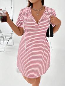 Vionelle Ribbed Hooded Drawstring Casual Dress, Plus Size - Pink - View 1