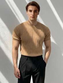 OTTIMOZO Men's Casual Everyday Commute Simple Solid Color Short Sleeve Cable Knit Sweater, Autumn - Camel - View 1