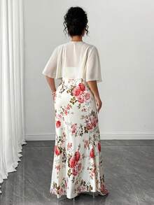SHEIN Clasi Plus Size Women Square Collar Bow Chiffon Blouse Printed Fishtail Hem Dress Set Wedding Mother Of The Bride Formal Beige White Summer Elegant - Apricot - View 2