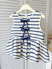 Tween Girl Navy & White Striped Front Tie Round Neck Casual Camisole - Blue and White - View 1