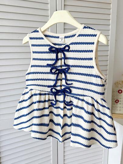 Tween Girl Navy & White Striped Front Tie Round Neck Casual Camisole