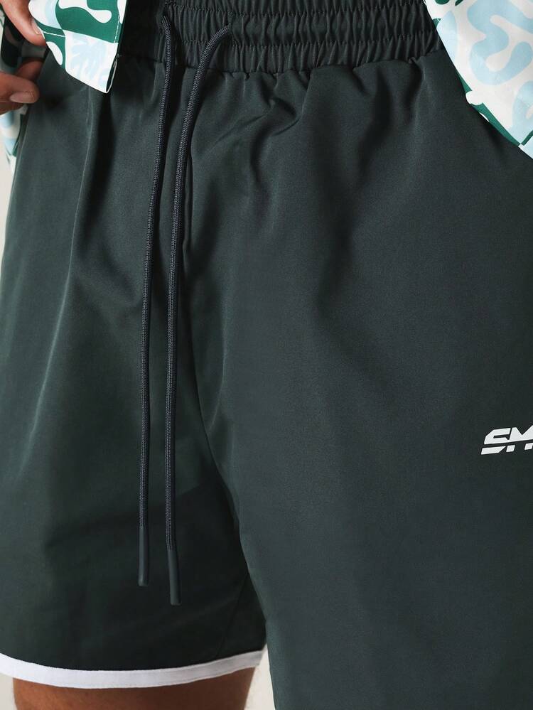 Strand-Shorts mit kontrastierendem Paspelbesatz, Kordelzug-Taille, Logo-Detail, lässige Sommer-Urlaubsschwimmshorts