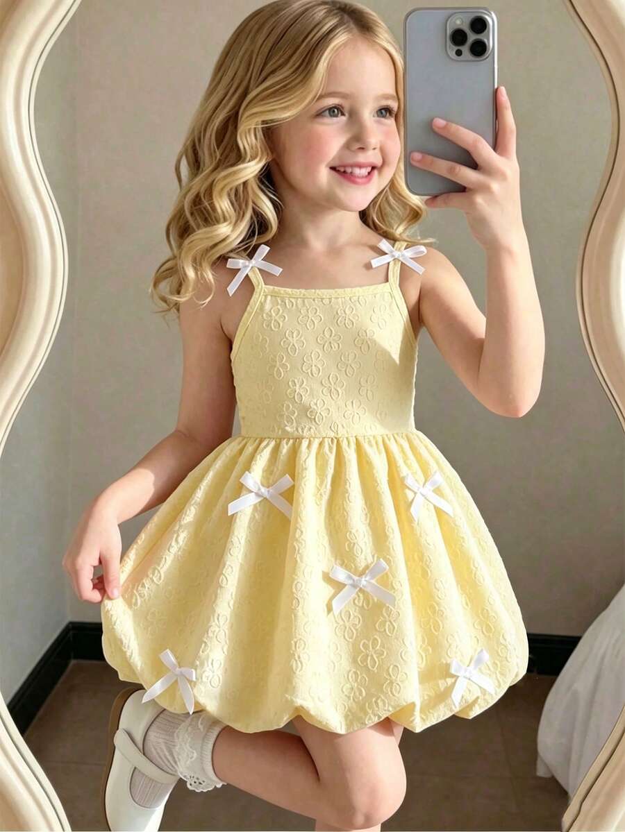 Elladie kids 小女孩甜美可爱连衣裙，饰有3D蝴蝶结，吊带灯笼裙，儿童夏季休闲假日时尚装扮