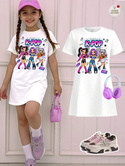 Tween Girls' Casual Fashionable Street Style K-Pop Girl Group Cartoon Print Short Sleeve T-Shirt Dress, Summer